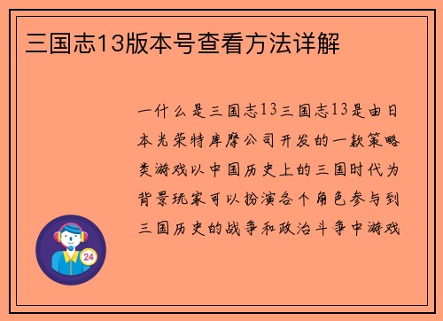 三国志13版本号查看方法详解